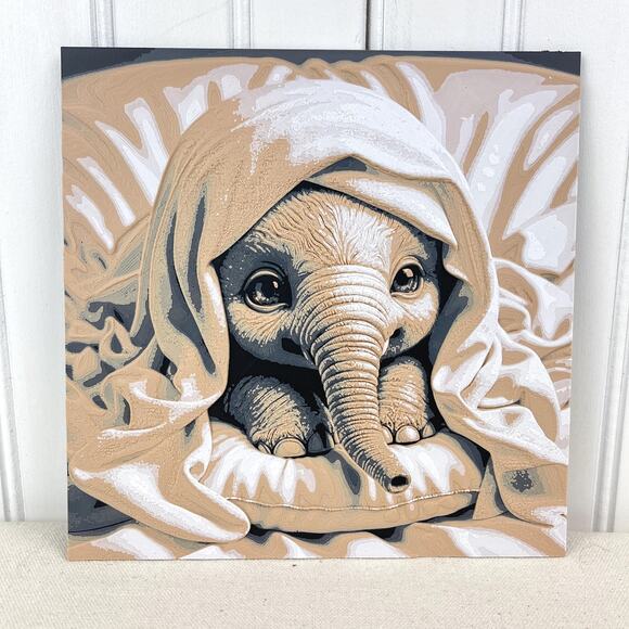 Hand Crafted Other - Baby Elephant Under Blanket Art, Whimsical Animal Art,  Cute Elephant Wall Art